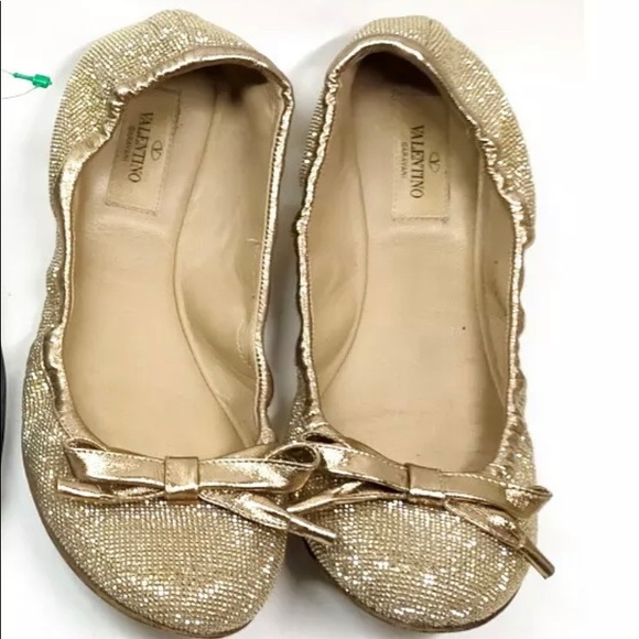 AUTHENTIC VALENTINO GARAVANI ROCKSTUD BALLERINAS micro studs bow shoes 38 gold - Picture 5 of 17